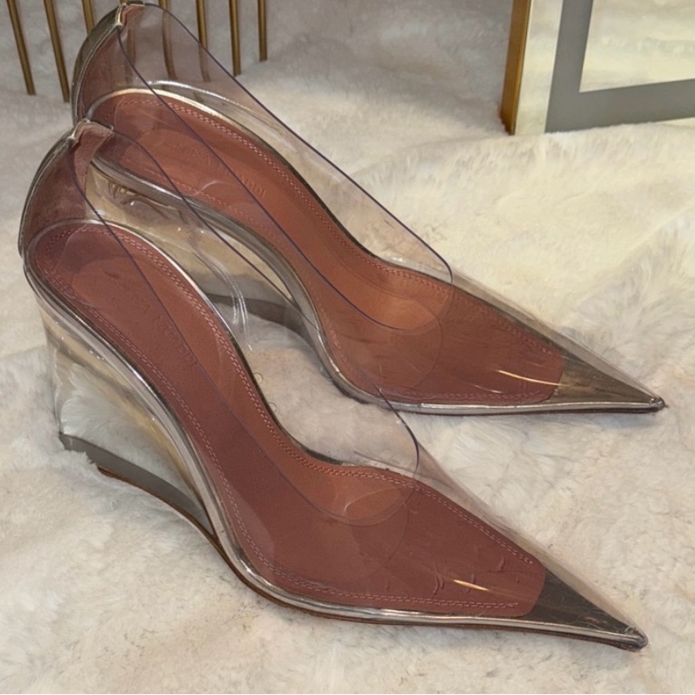 Amina Muaddi clear wedge heels